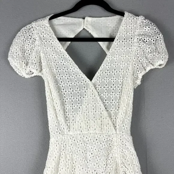 Bardot Nadia Tie Back Mini Eyelet Dress Womens 4 Ivory Ruffle Puff Sleeve NWT - Picture 4 of 16